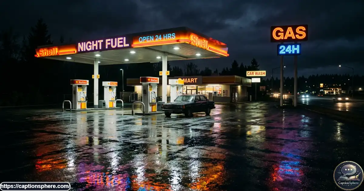 A modern gas station glowing with neon lights and reflections on wet pavement.