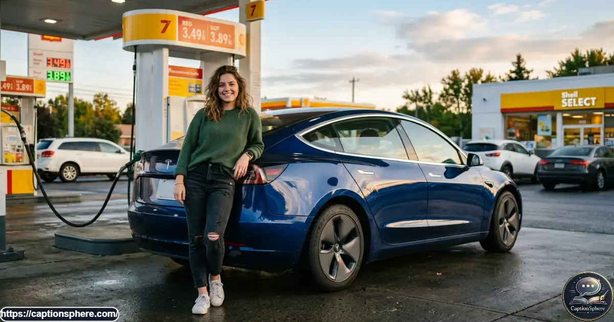 A car enthusiast posing beside a clean vehicle under gas station canopy lights.