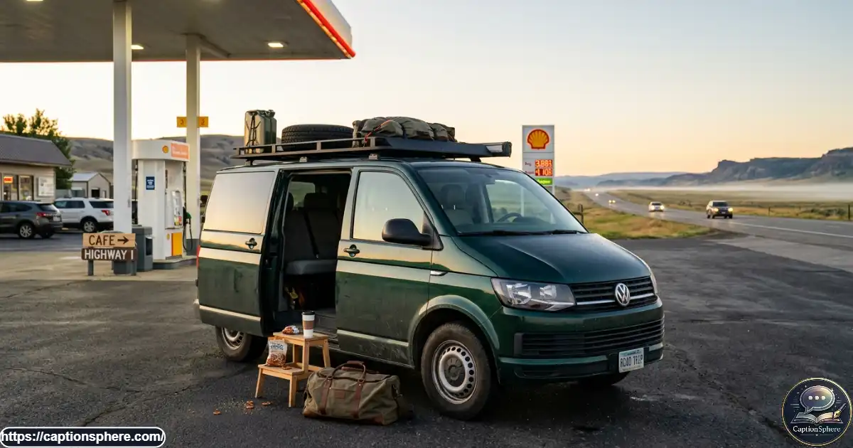 A road trip vehicle parked at a fuel station with coffee and travel snacks nearby.