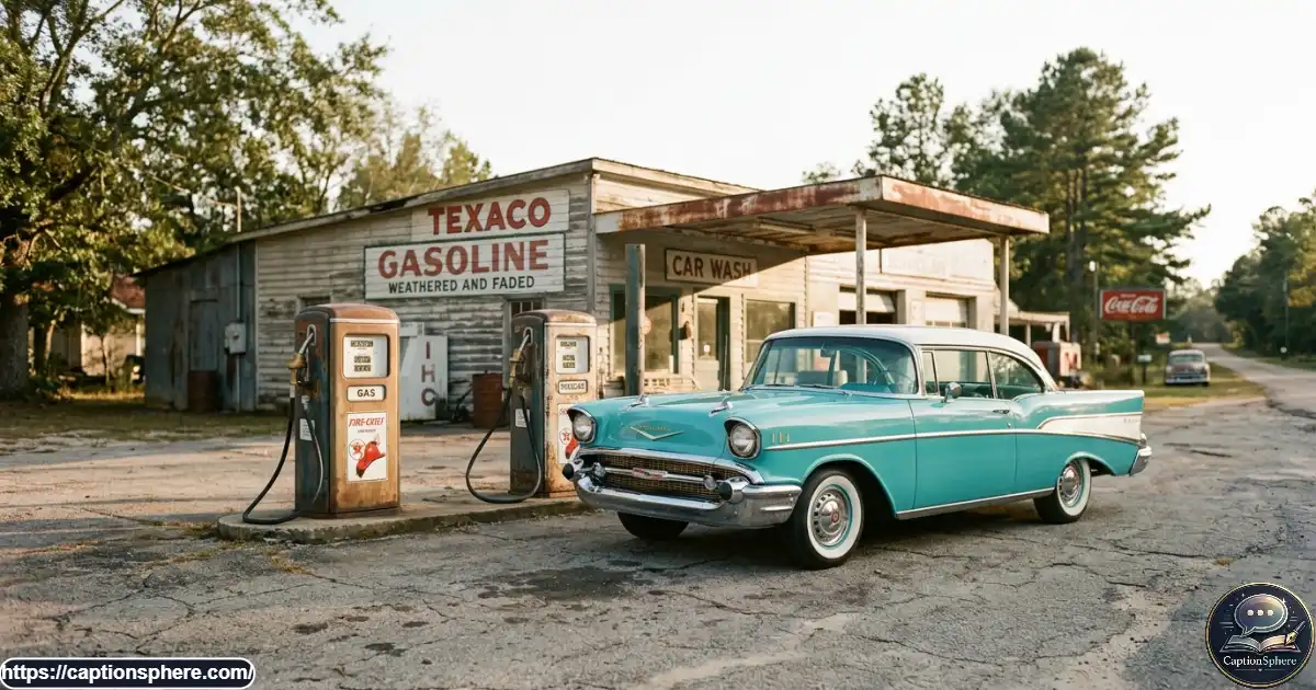 A classic automobile parked beside vintage fuel pumps at an old roadside station.