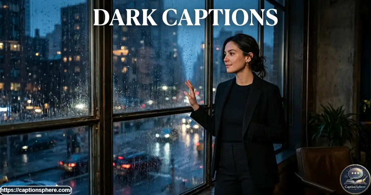A person in a black outfit standing beside a rain-streaked window in moody evening light.