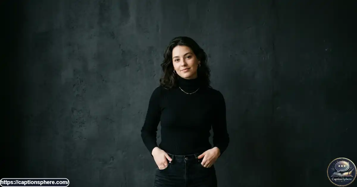 A person in a black outfit posing against a simple charcoal wall in soft directional light.