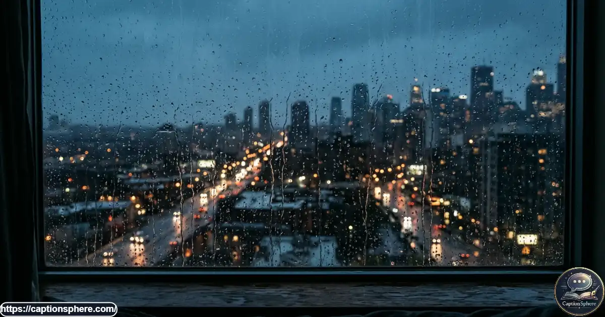 Rain trails across a city window reflecting distant lights against a dark blue evening sky.
