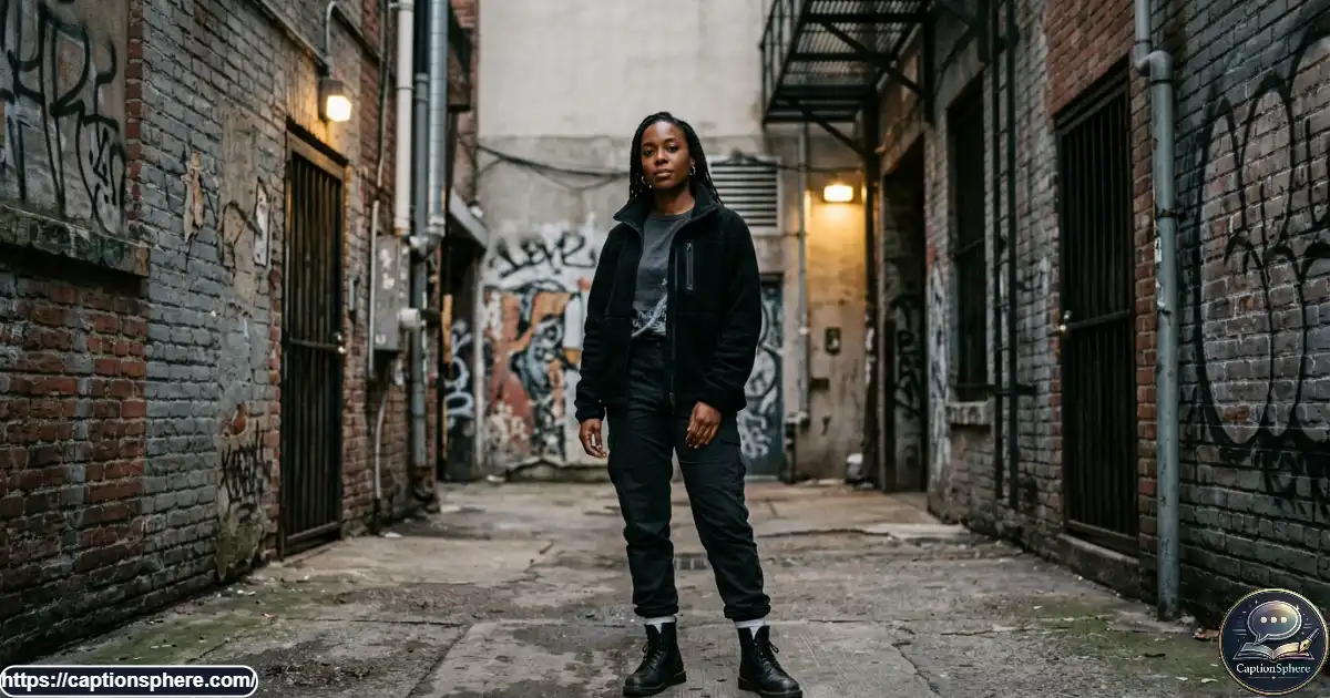 A confident adult wearing dark streetwear poses against a textured urban wall in evening light.