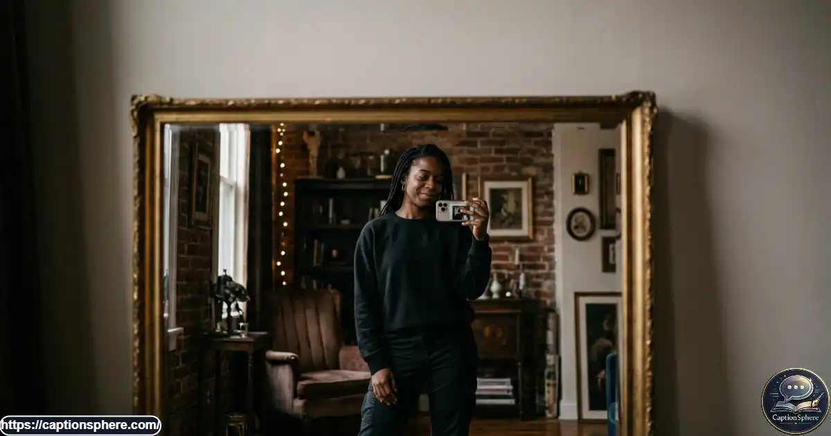 A casually dressed adult takes a playful mirror selfie in a softly lit room with dark decor.