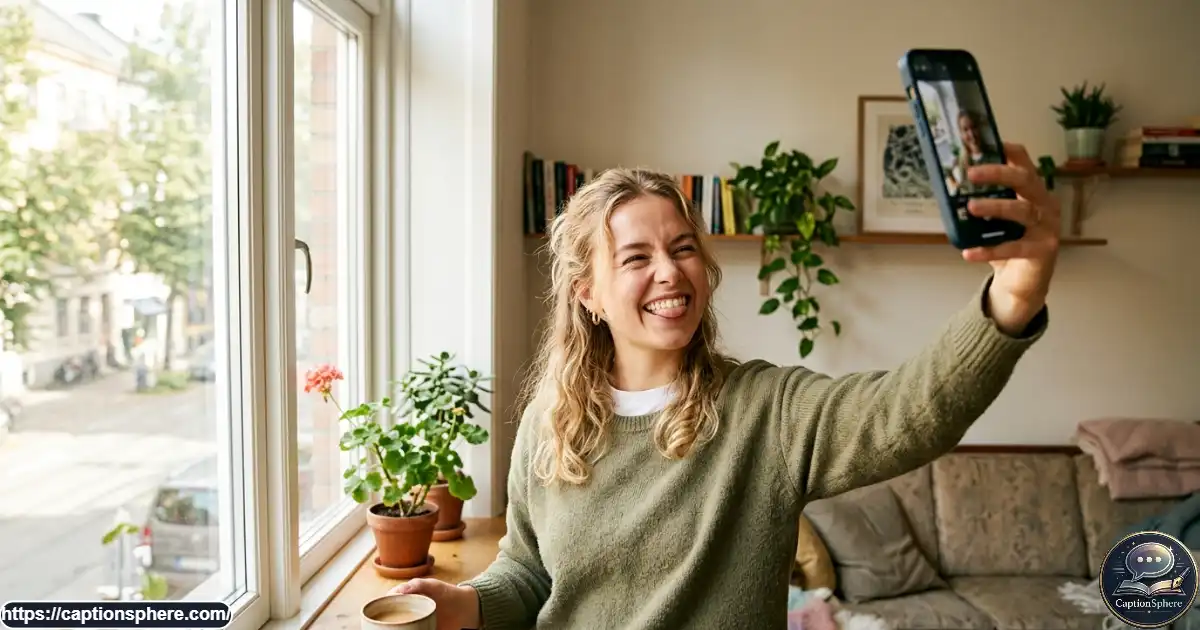Smiling young adult taking a playful selfie in bright natural window light.