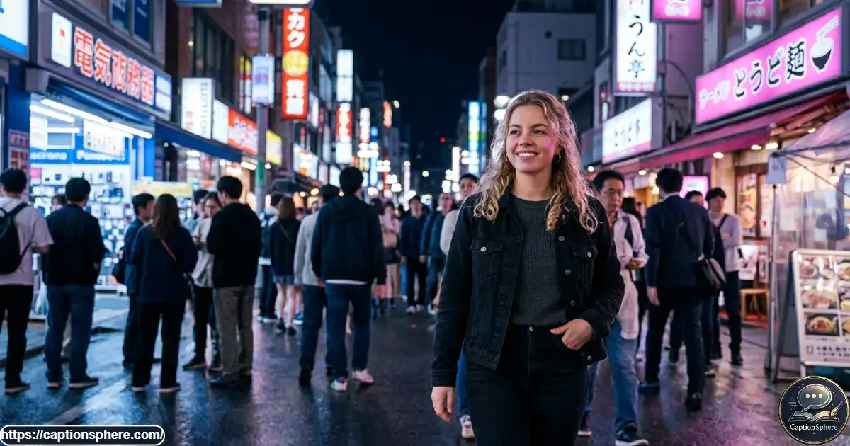 Young adult posing on a city street illuminated by colorful neon lights at night.