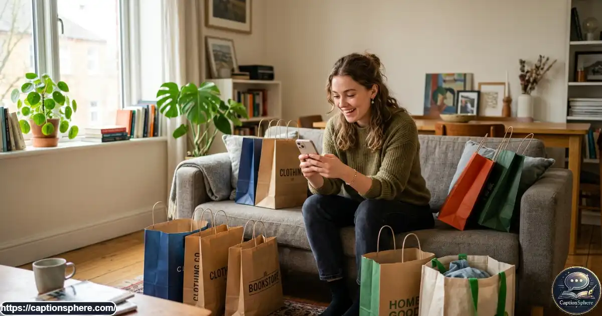 Young adult humorously checking a bank balance beside shopping bags at home.
