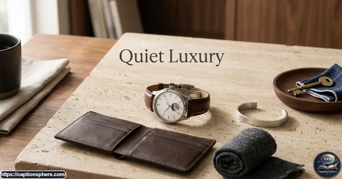 Elegant watch, leather wallet, and classic accessories arranged on a refined neutral surface.