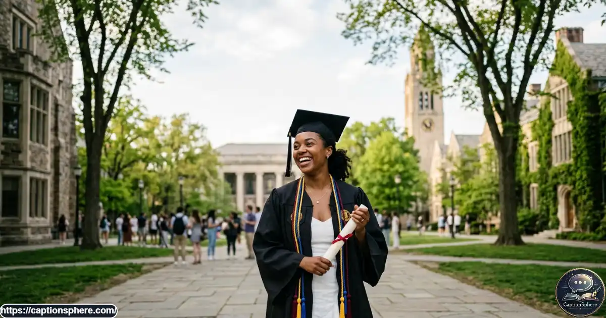 Graduate in cap and gown smiling while holding a diploma outdoors after a university graduation ceremony.