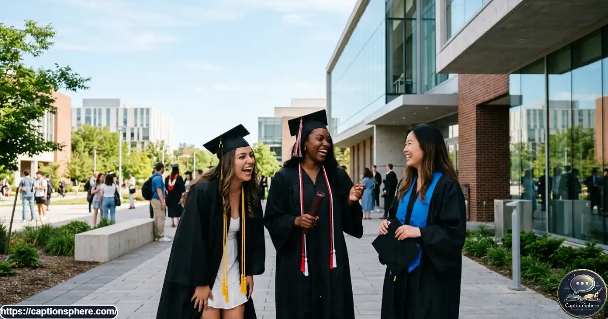 College graduate laughing with friends outside a campus building after finishing final exams.