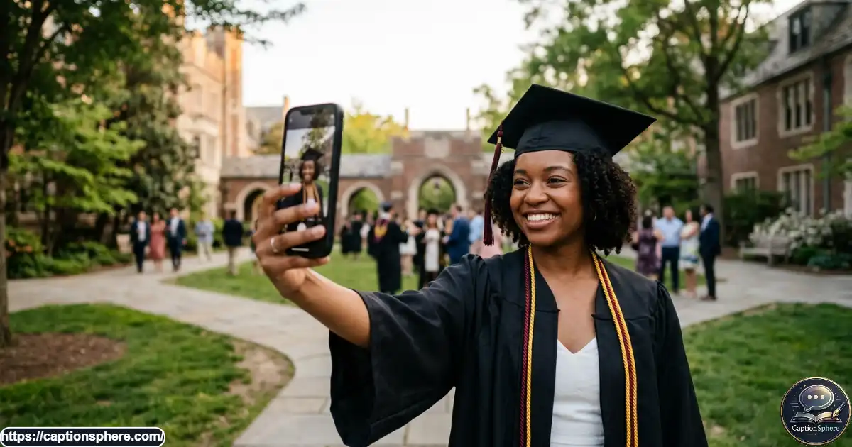 Smiling graduate in a cap and gown taking a selfie outdoors after the graduation ceremony.