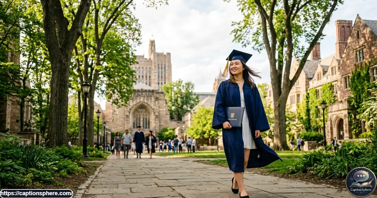 College graduate carrying a diploma while walking along a tree-lined university campus path.