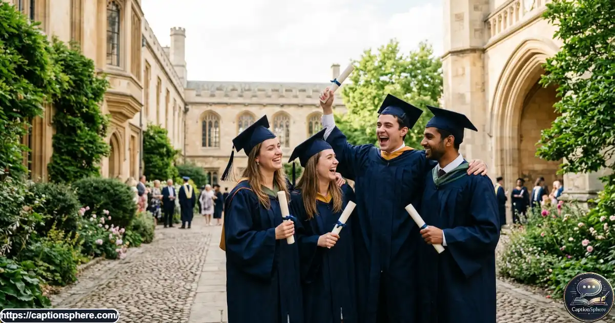 Group of college friends in graduation gowns celebrating together with diplomas outdoors.