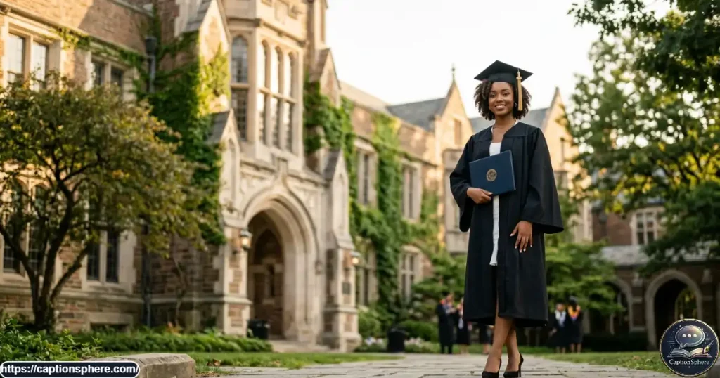Confident graduate in a black gown standing beside a university building in soft afternoon light.