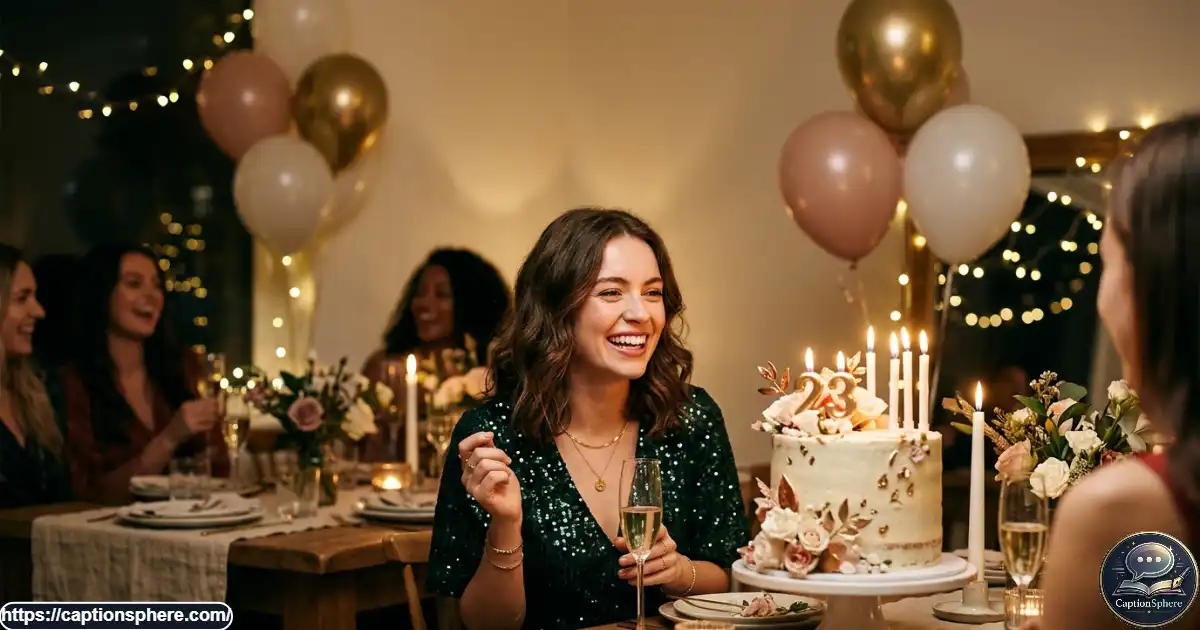 Young adult celebrating a birthday beside a decorated cake with balloons and warm party lights