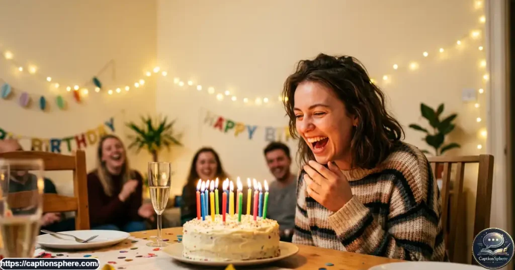 Laughing young adult reacting playfully to a birthday cake covered with colorful candles