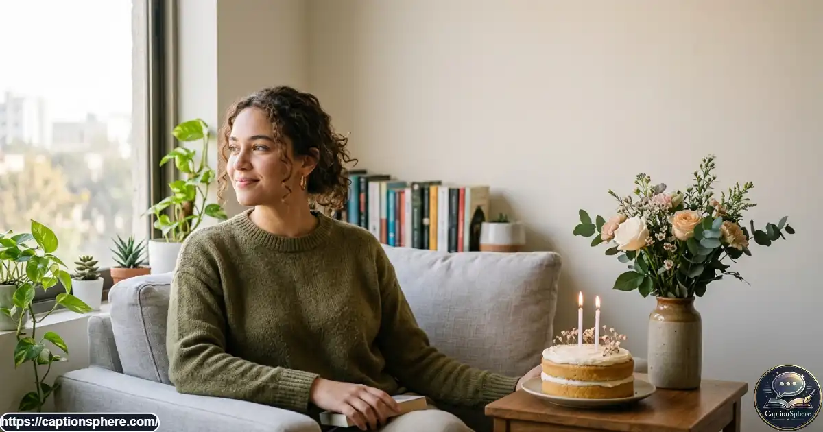 Young adult enjoying a quiet solo birthday celebration with flowers and a small cake