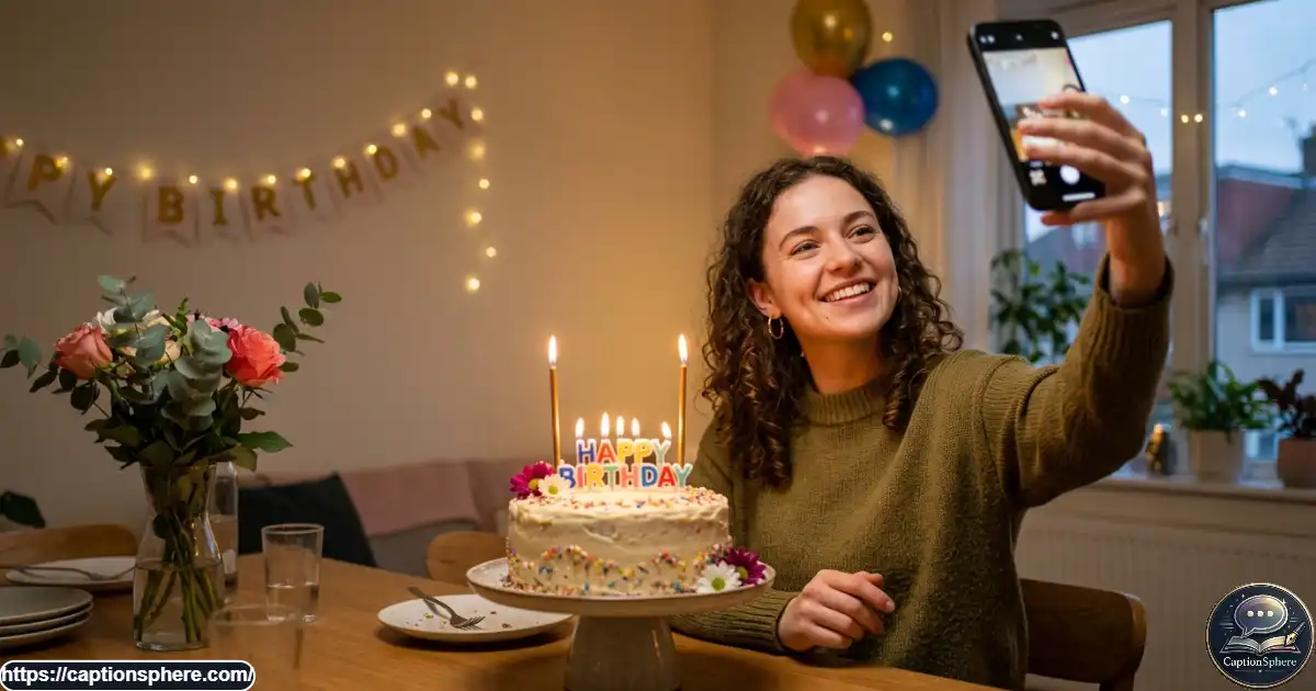 Young adult taking a birthday selfie beside a decorated cake at a home party