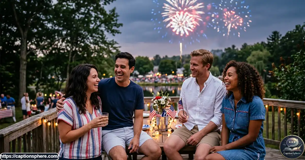 Friends celebrating the Fourth of July outdoors with American flags and glowing fireworks at dusk