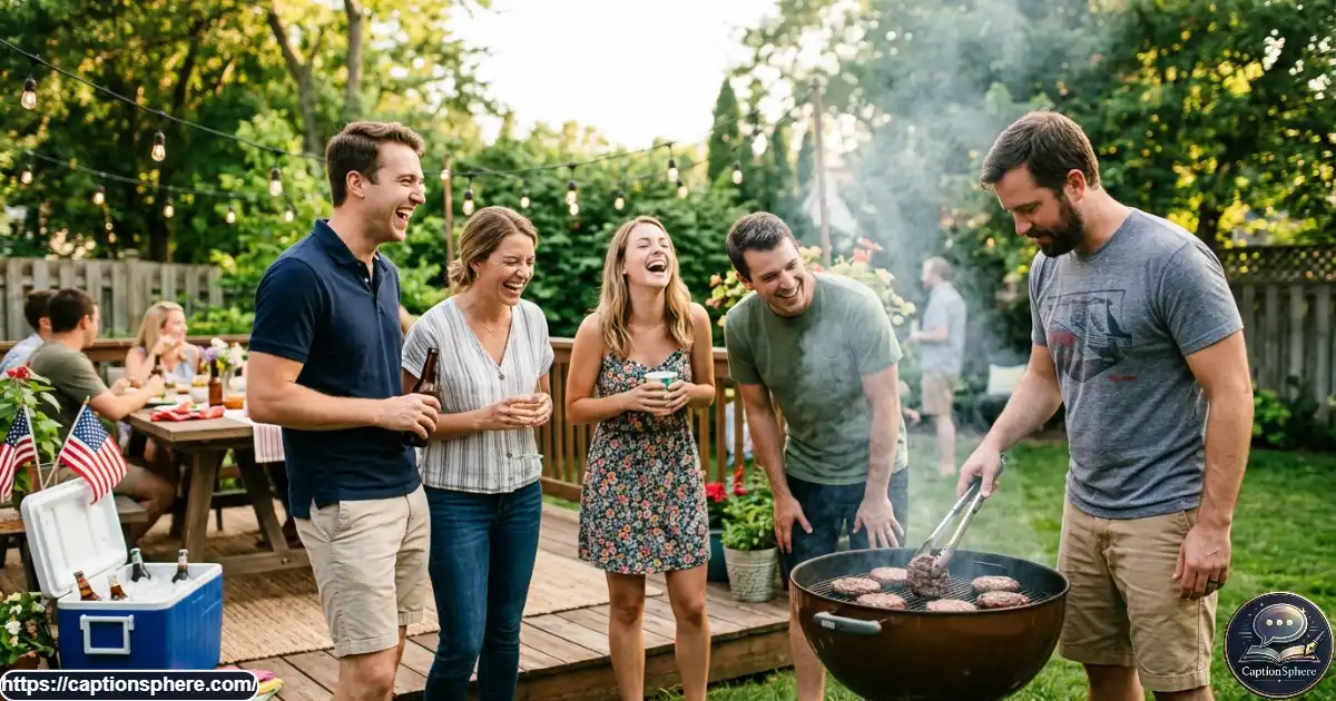 Friends laughing beside a backyard barbecue grill during a casual Fourth of July cookout