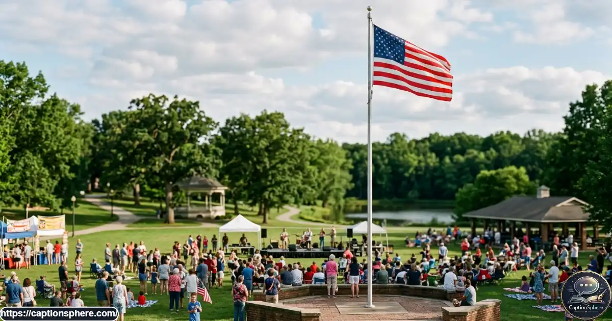 American flag waving above a community gathering on a bright Fourth of July afternoon
