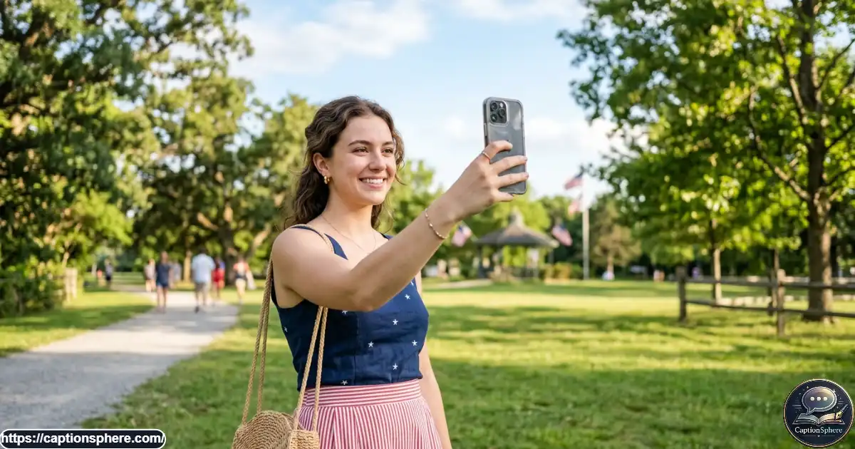 Young adult taking an outdoor summer selfie in a red white and blue outfit