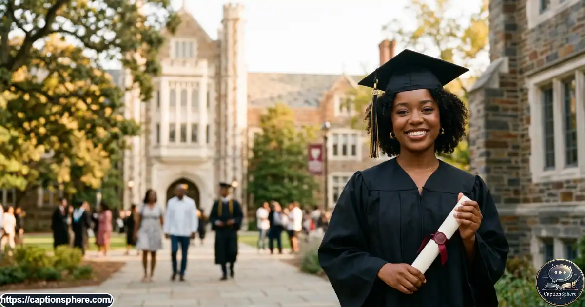 Graduate in cap and gown holding a diploma outdoors after a university commencement ceremony.