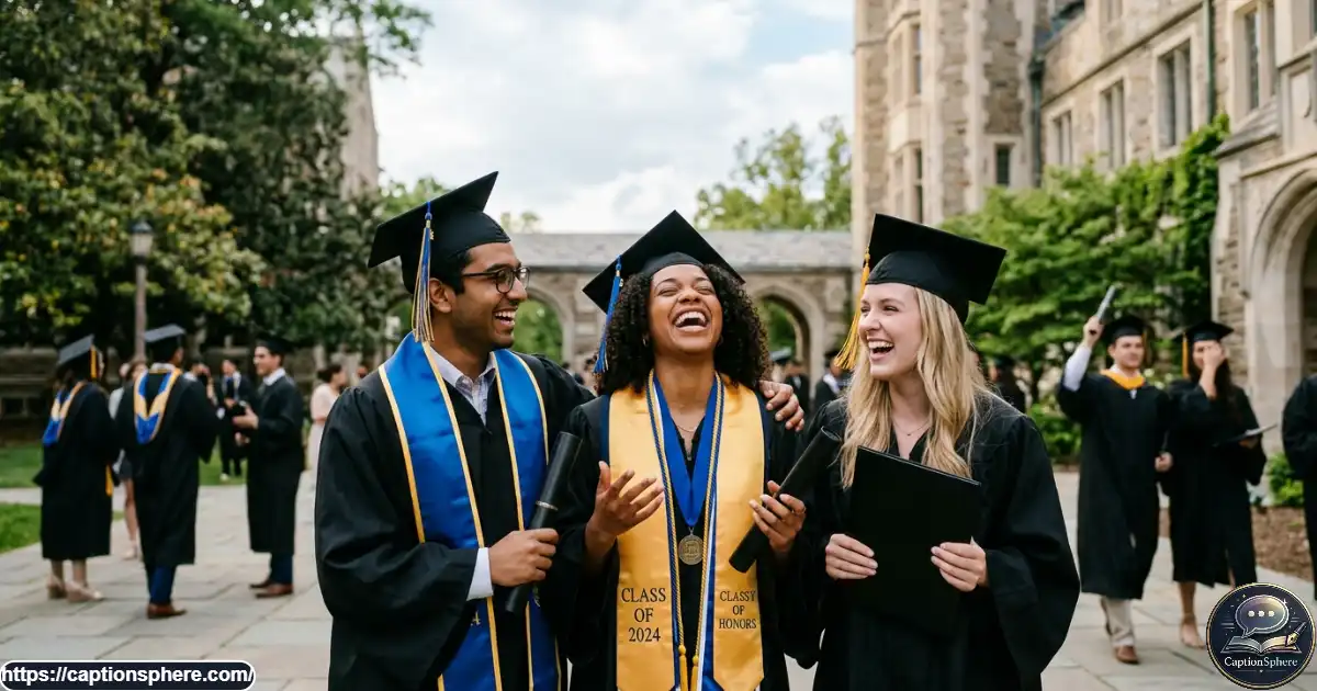 Smiling graduate in a cap and gown laughing with friends after the graduation ceremony.