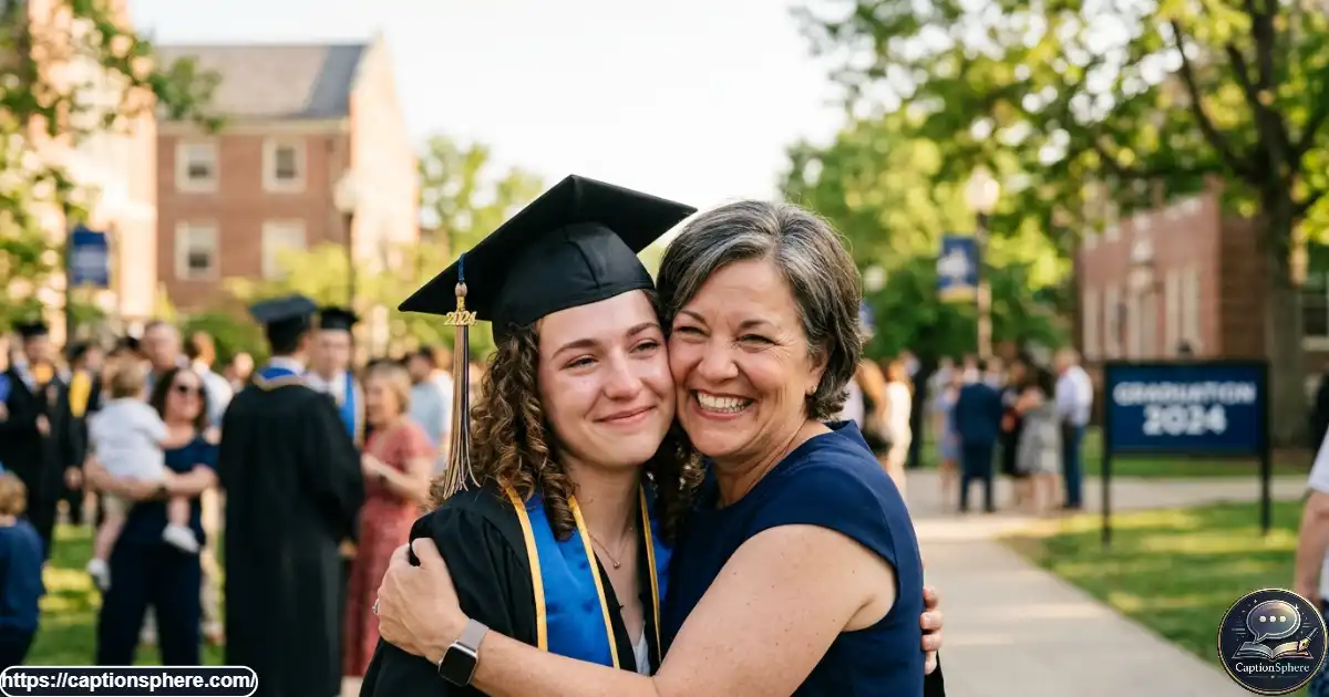 Graduate embracing a proud parent beside a university commencement venue.