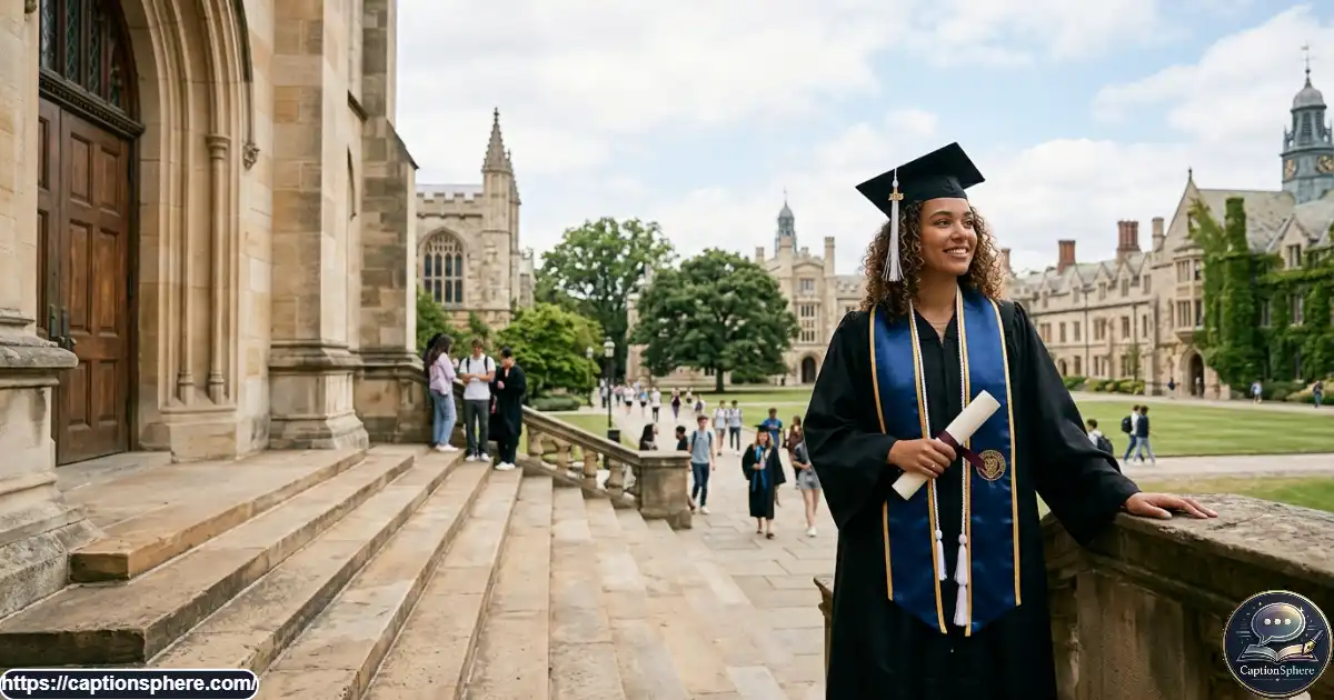University graduate standing confidently on campus steps with diploma in hand.