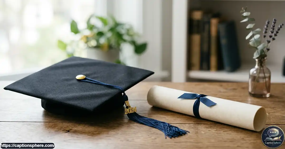 Close-up of a graduation cap, tassel, and rolled diploma arranged for a graduation portrait.