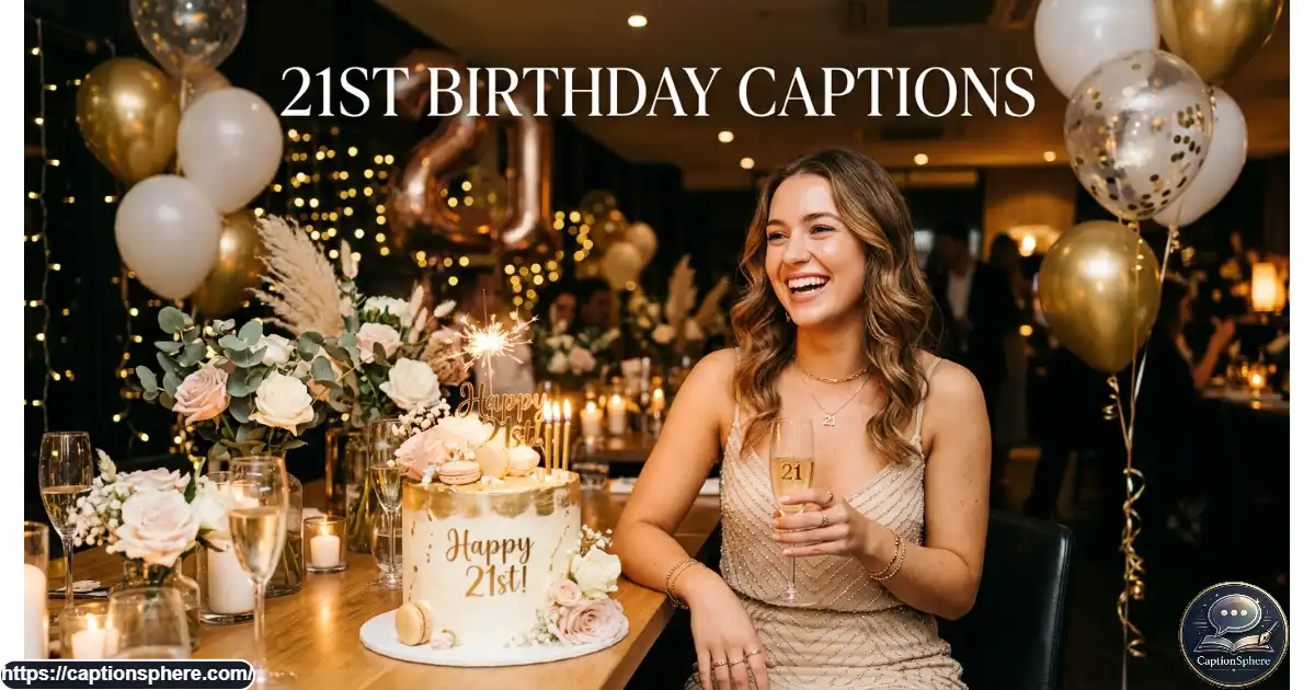 Young adult celebrating a 21st birthday with a cake and golden birthday decorations