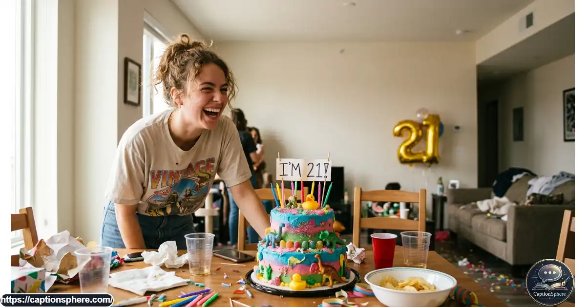 Young adult laughing beside a playful birthday cake at a twenty-first birthday celebration