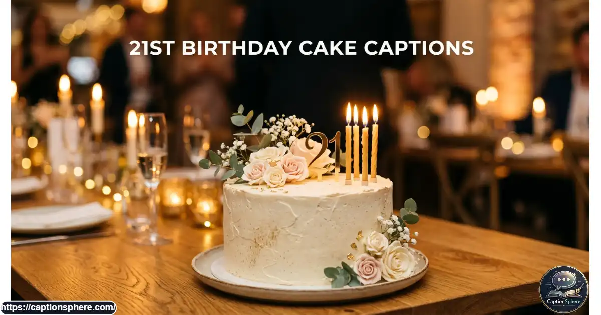 Elegant twenty-first birthday cake with candles, flowers, and soft golden party lighting