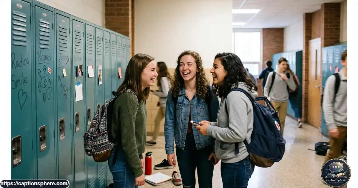 Three high school seniors laughing together beside their lockers during a casual school moment.