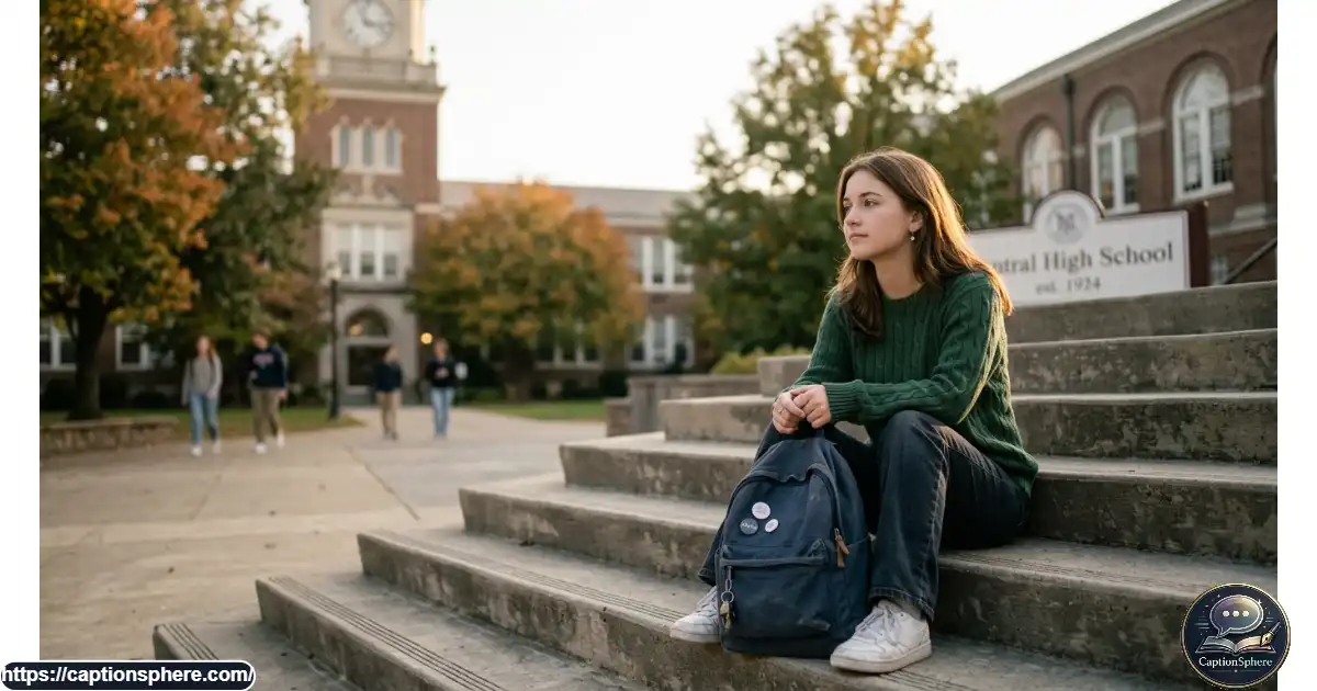 High school senior sitting quietly on school steps reflecting on meaningful final-year memories.