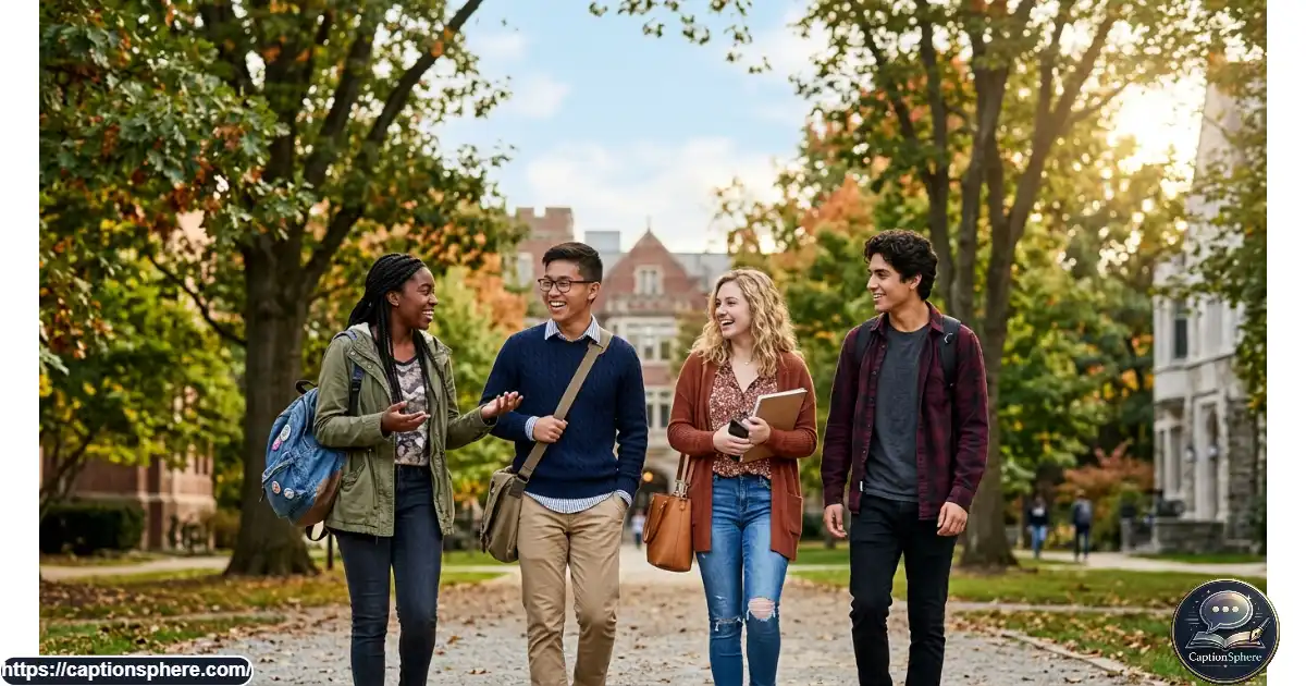 Four high school friends standing together on campus sharing a happy moment during senior year.