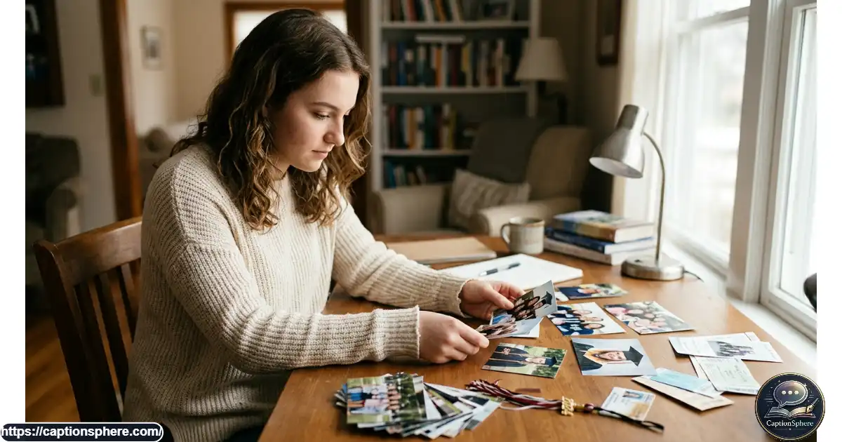 High school senior looking through printed school photographs and personal memory snapshots at home