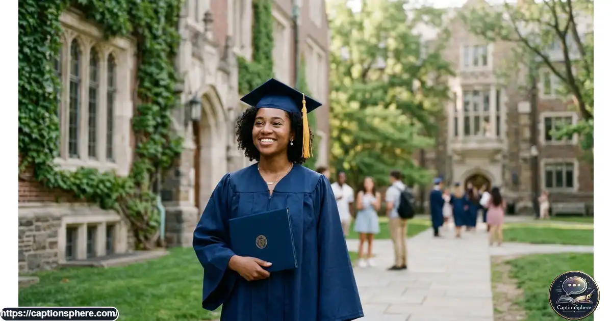 Smiling graduate in a cap and gown posing confidently on a university campus.