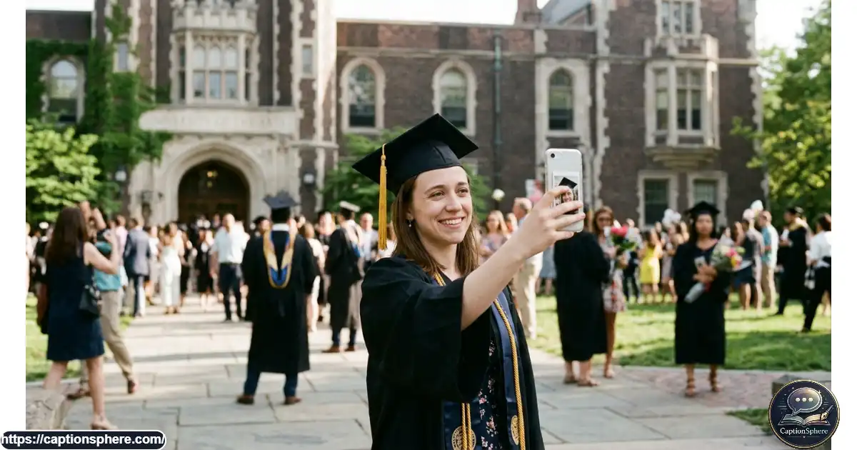 University graduate taking a selfie in graduation attire after the commencement ceremony.