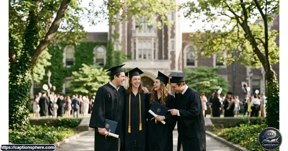 Group of university friends celebrating together in graduation gowns outdoors on campus.
