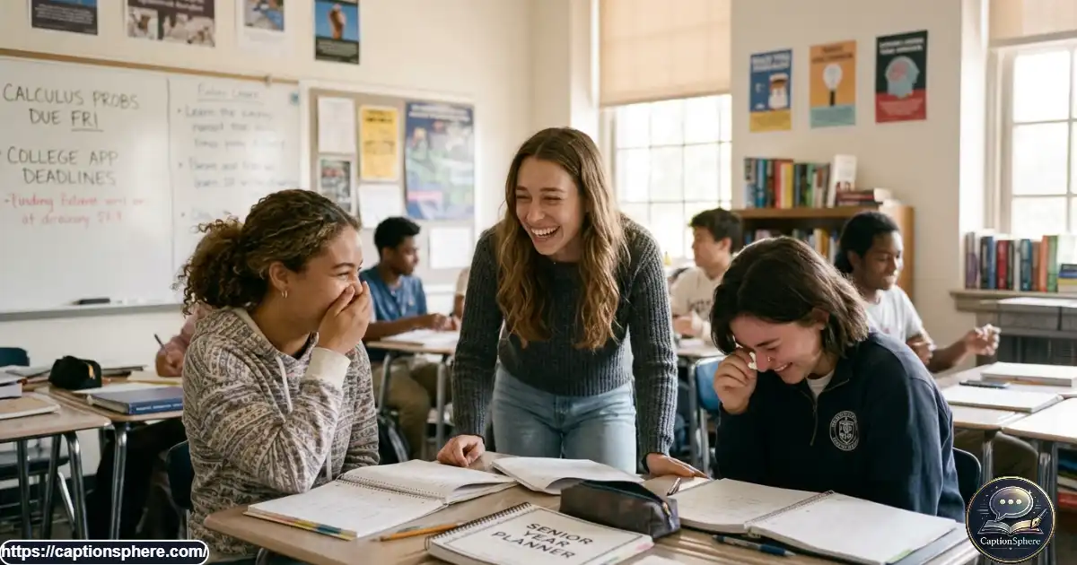 High school seniors laughing together at a classroom desk between lessons.