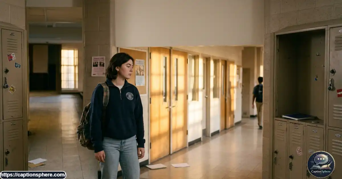 Student standing quietly in a sunlit high school hallway near graduation.