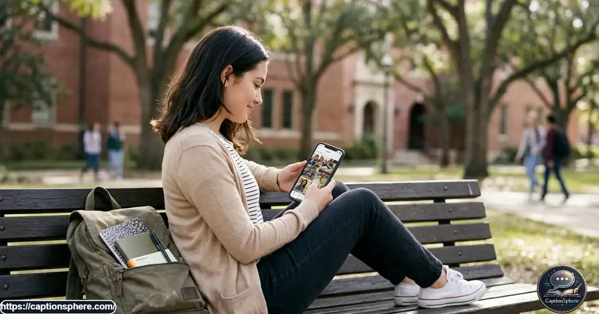 Senior student reviewing candid school memories on a smartphone outdoors.