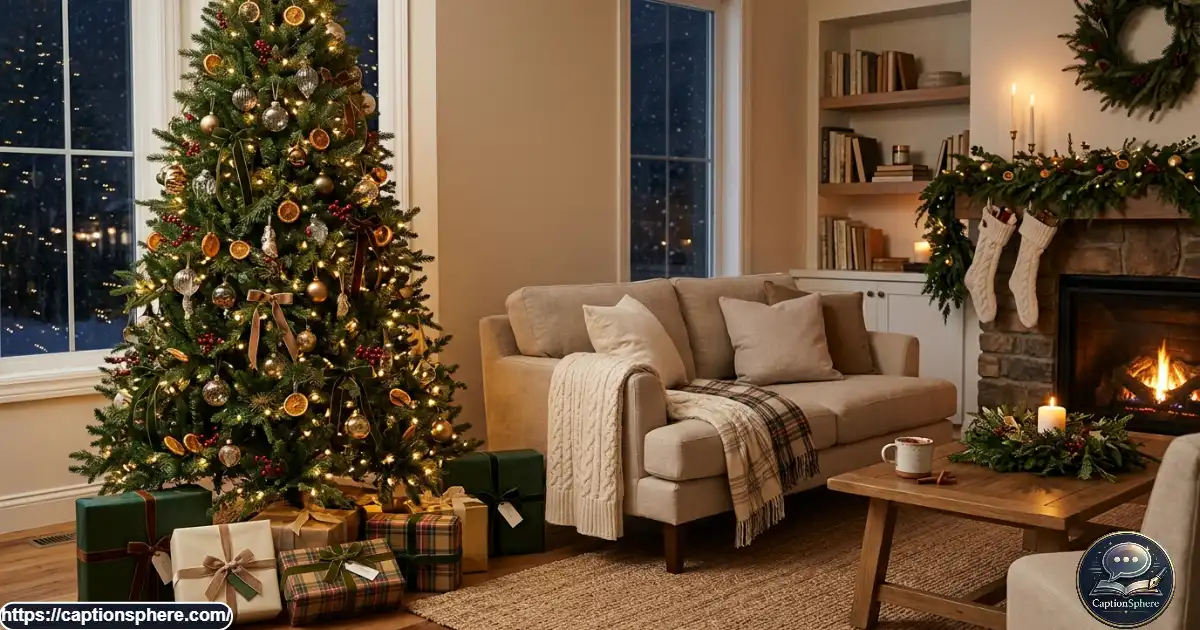 Cozy Christmas living room with a decorated tree, wrapped gifts, and warm holiday lights.