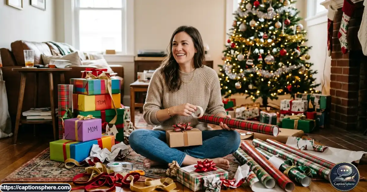 Adult sitting among scattered wrapping paper and imperfectly wrapped Christmas gifts.