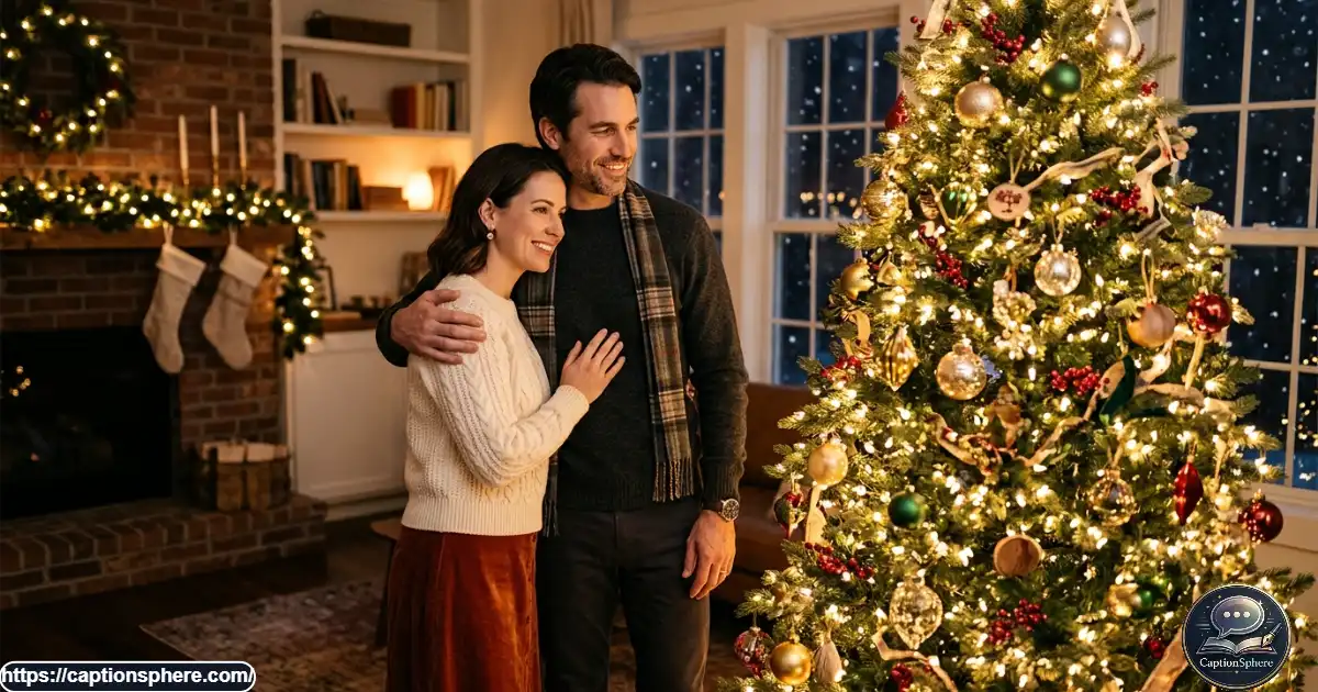 Couple standing close together beneath softly glowing Christmas tree lights.