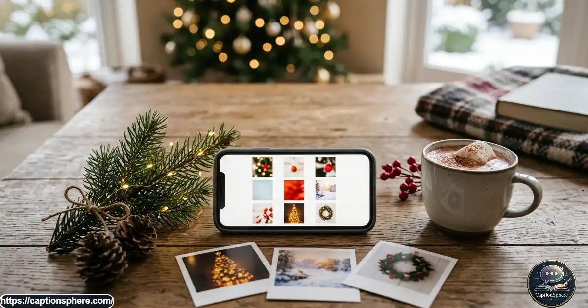 Smartphone displaying a casual holiday photo collection beside Christmas decorations.