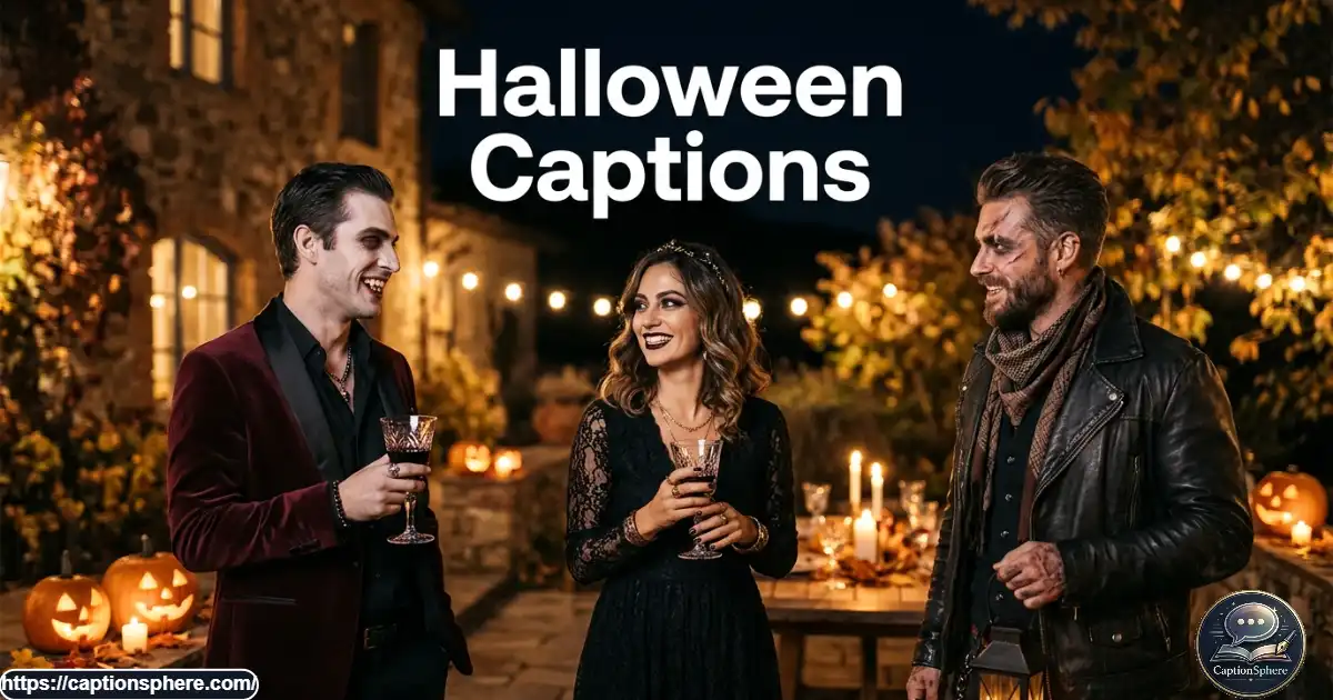 Friends in creative Halloween costumes posing under warm autumn lights at a spooky evening gathering.